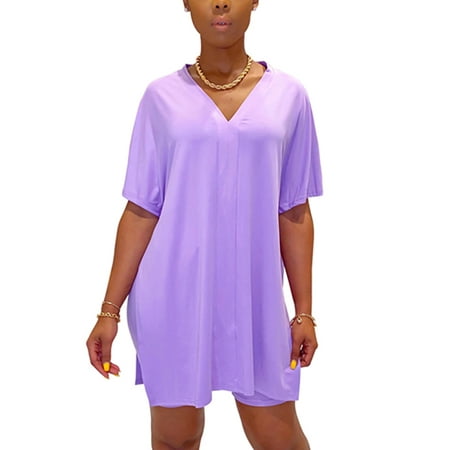 

Paille Women High Waisted Casual Nightwear Loose Fit Summer Pajamas Longline Daily Wear Sleepwear Lounge Sets Purple M