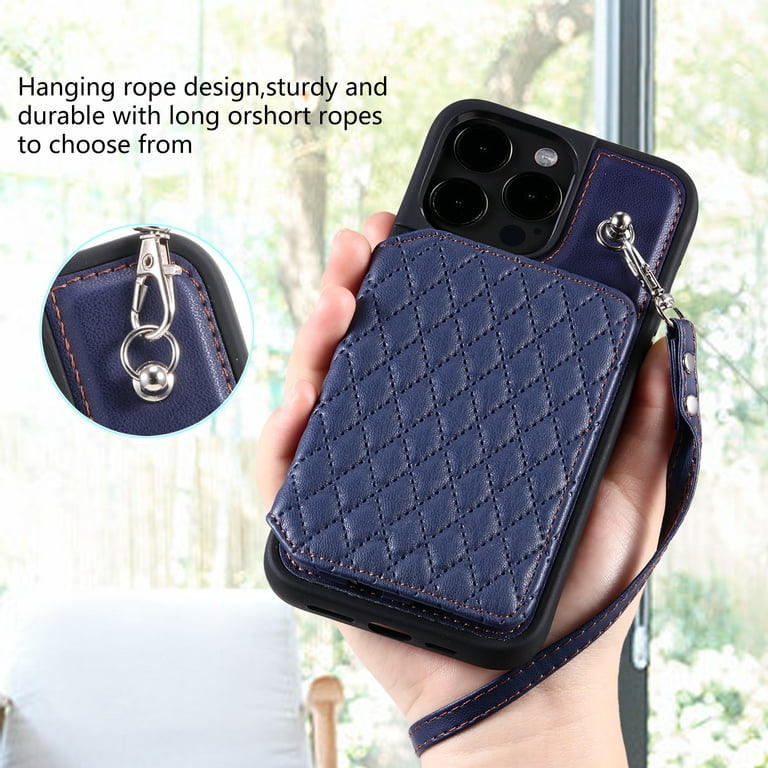 Case for iPhone 15 Pro, Detachable Crossbody Strap Wallet Case with Card  Slots, Stand Ring Flip PU Leather Protective Cover Lanyard for Women for