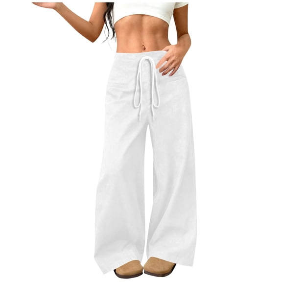 Women's Wide Leg Pants Faux Suede High Waist Barrel Palazzo Pants Casual Waistband Drawstring Comfy Baggy Trousers White