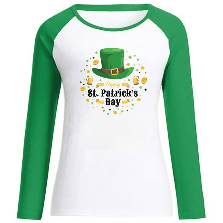 Womens St. Patrick's Day Sweatshirts Casual Green Hat Skull Beer Tops  Oversized Loose Fit Long Sleeve Shirts 