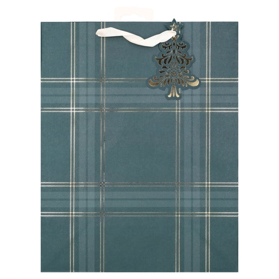 Dark Green and Gold Plaid Christmas Paper Gift Bag, 10" x 4.5" x 12.75", by Holiday Time