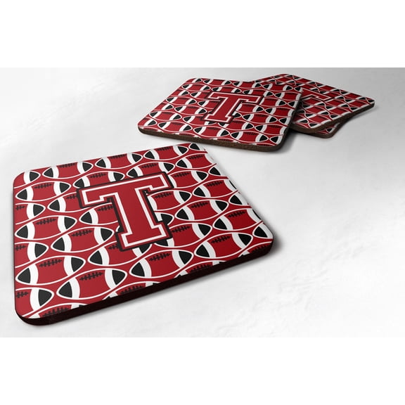 Letter T Football Red Black and White Foam Coaster Set of 4