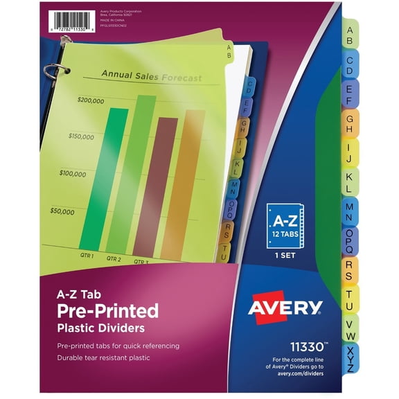 Avery Preprinted Plastic Dividers, 12-Tab Set, A-Z, Multicolor (11330)