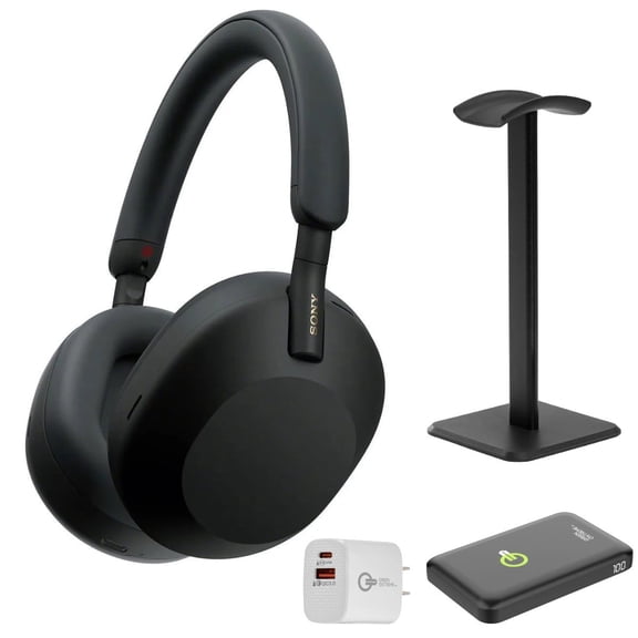 Sony WH-1000XM5 The Best Wireless Noise Canceling Headphones with Auto Noise Canceling Optimizer, Crystal Clear Hands-Free Calling, and Alexa Voice Control, Black, With Stand, P-Bank