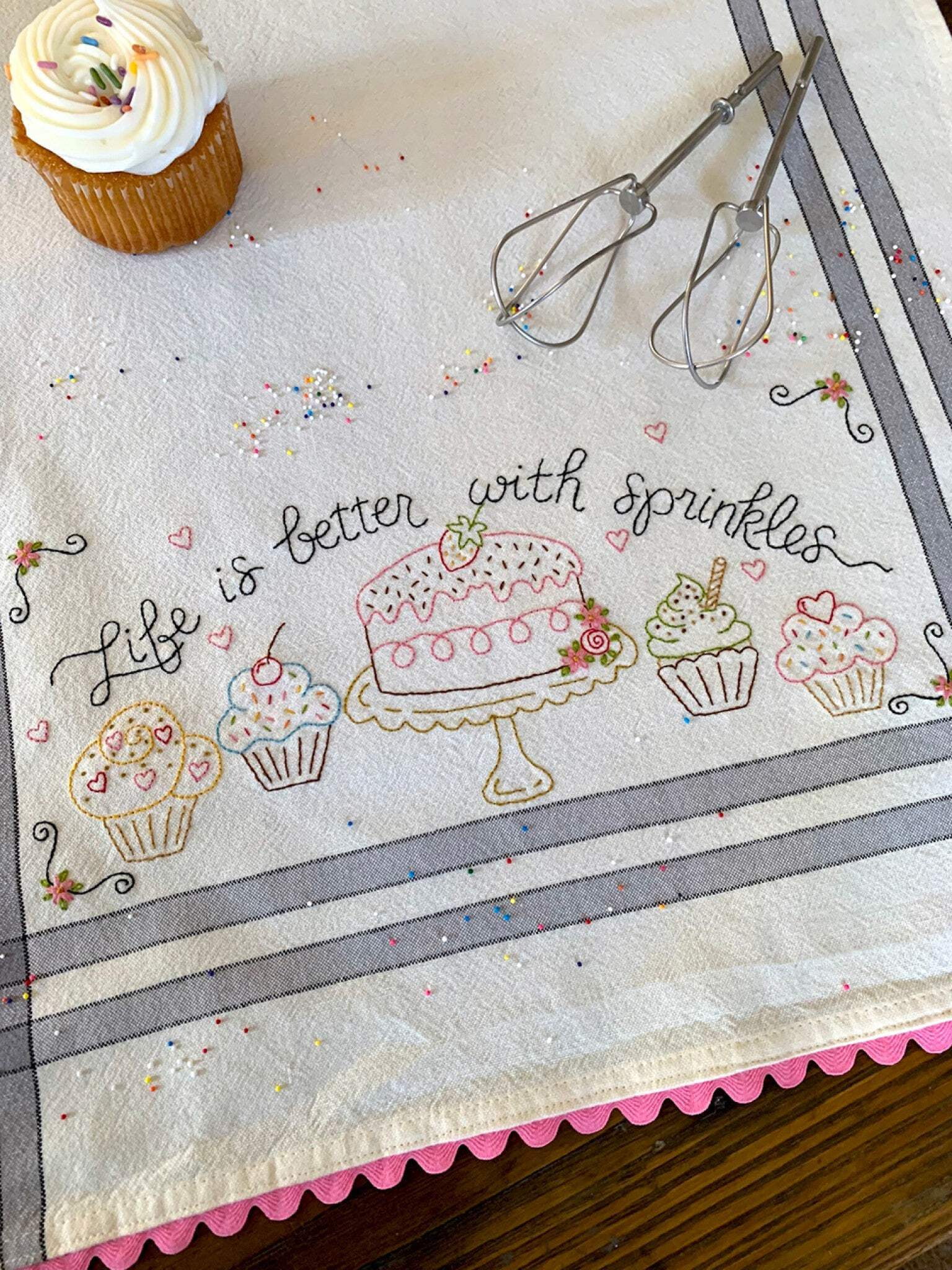 Sprinkles Embroidery Dishtowel Hand Embroidery Kit by Barri Sue Gaudet from Bareroots