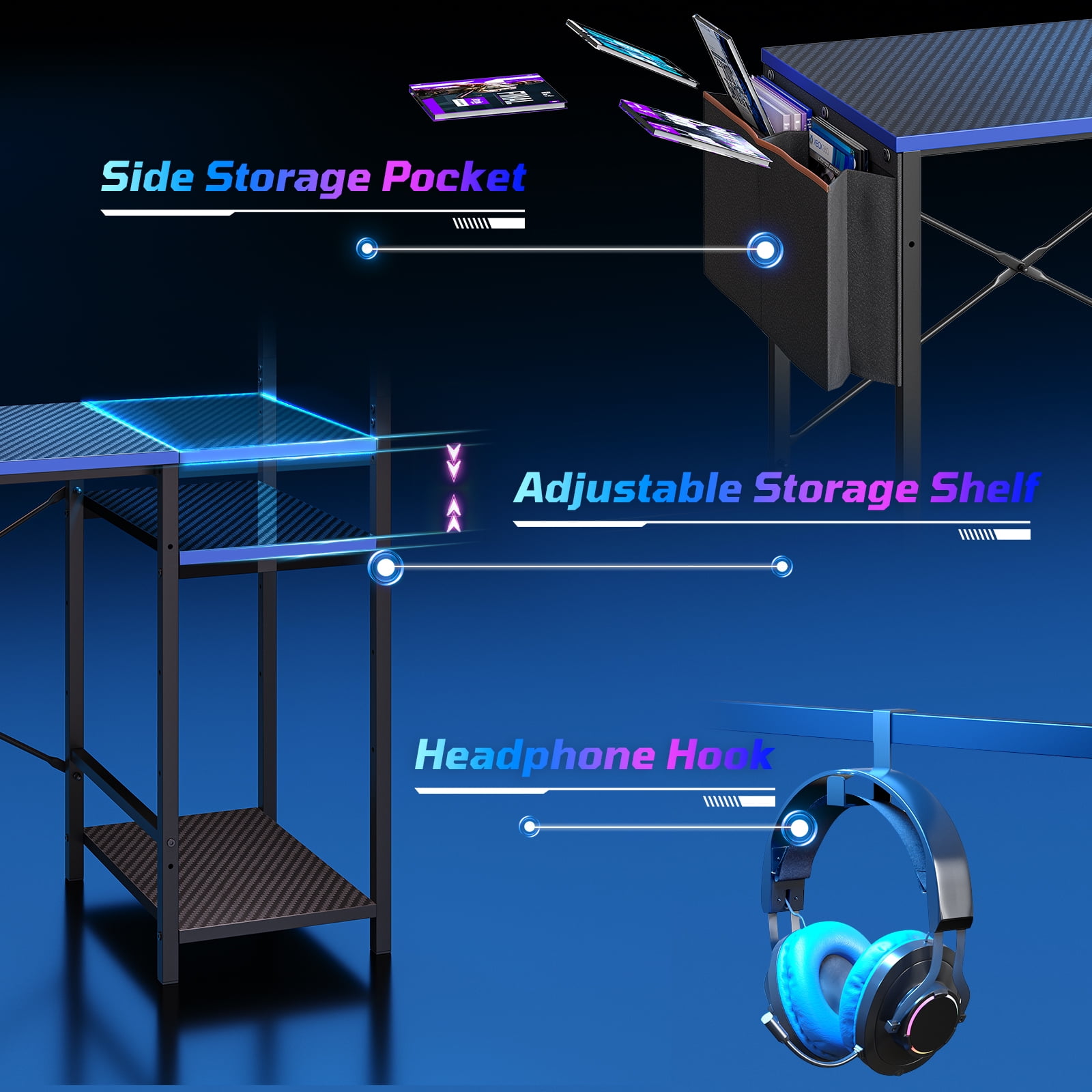 Bestier Gaming Desk with LED Lights, 44'' Computer Desk with Reversible Shelves, PC Gamer Desk with Side Storage Bag, Hooks and Height Adjustable Shelf for Home Office, Blue
