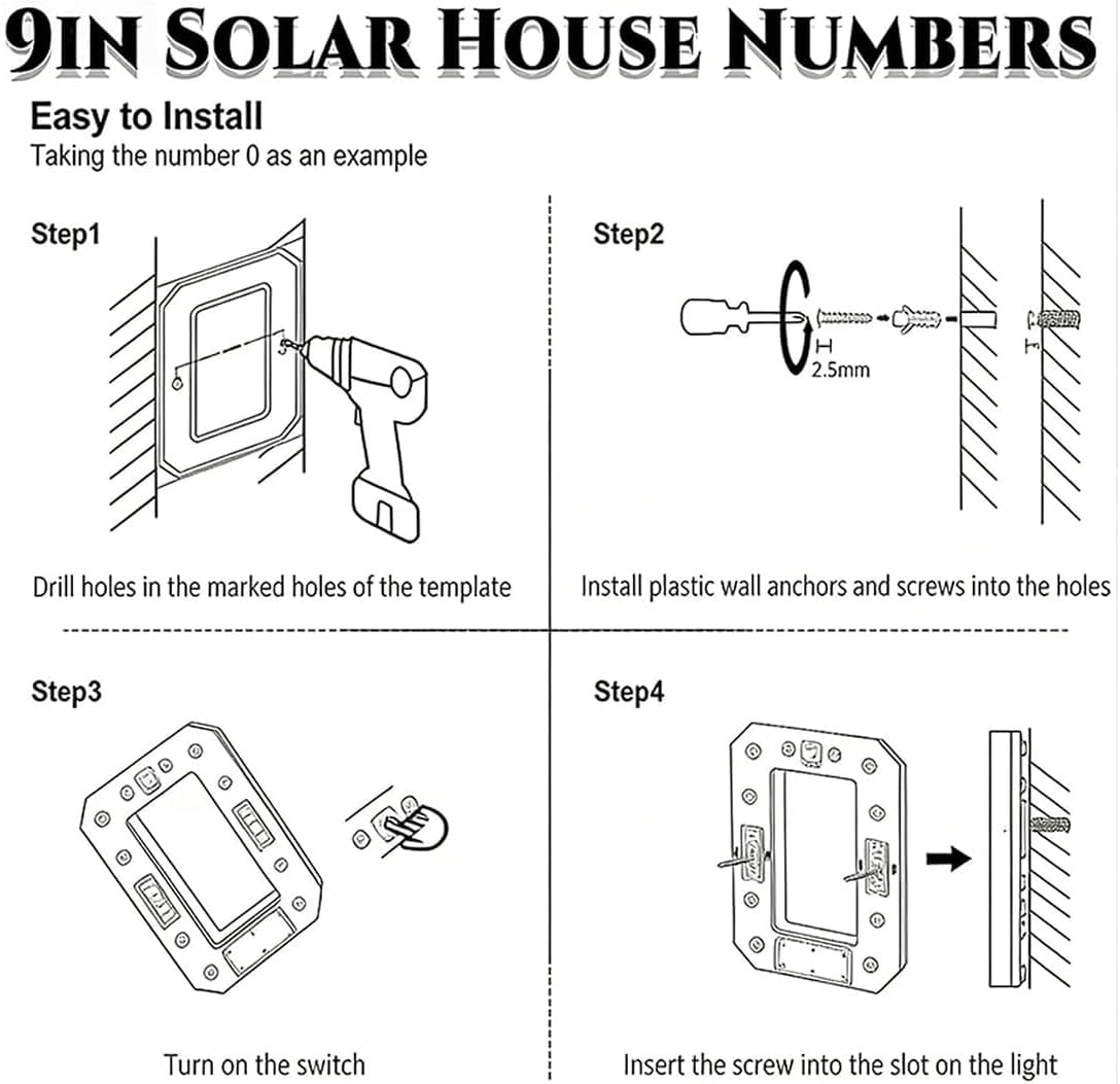 Solar-Powered Outdoor House Number Light, 9 Inch Lighted Address Sign with Auto On/Off Sensor, Waterproof LED House Numbers for Outside, Modern Black Exterior Illuminated Numbers