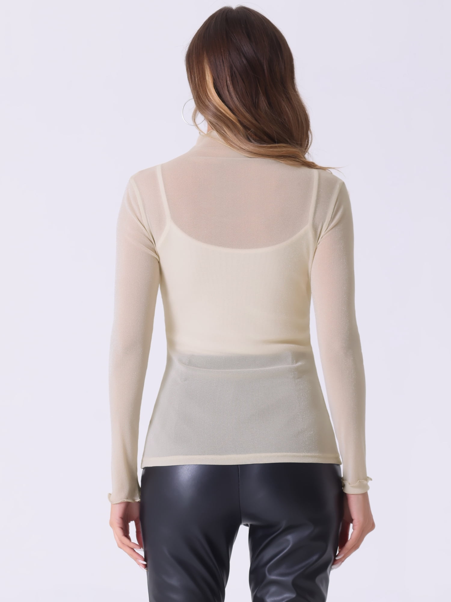 DARING DIVA Mesh Sheer Shiny Slim Mock Neck Blouse L Sheer Beige