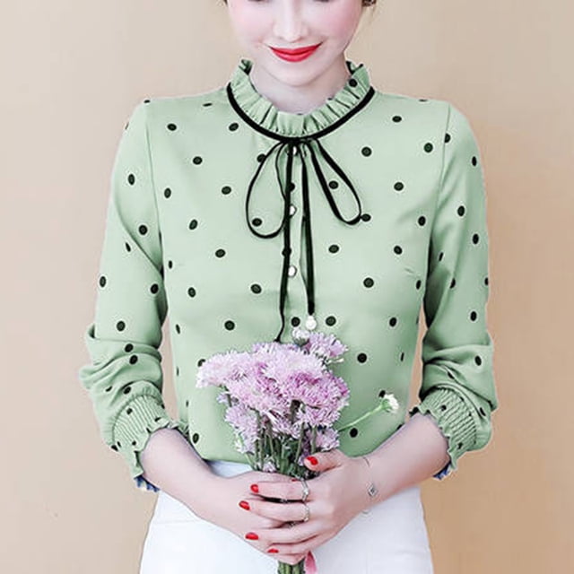 Blusa de gasa con cuello redondo y volantes para mujer, blusa de manga larga con estampado de lunares, otoño 2022