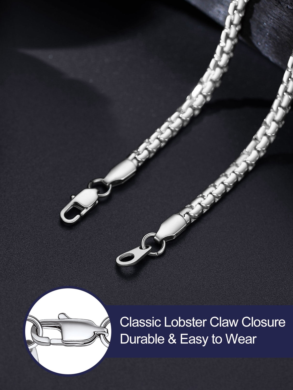 Bandmax 4MM Stainless Steel Flat Box Link Chains Necklace for Men Women Silver Cable Chain Jewelry Birthday Father Day Gift for Mens Son Husband Dad