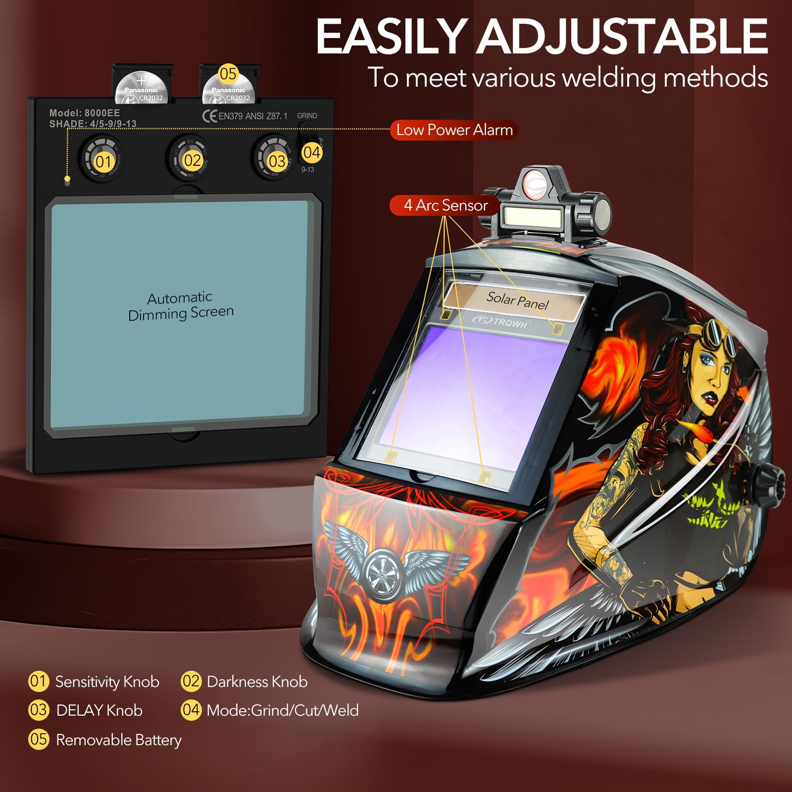 Welding Helmet Auto Darkening with LED Light Large View Solar Powered True Color Welding Hood 4 Arc Sensor Wide Shade 4/5-9/9-13 Welding Mask for TIG MIG Arc Weld Grinding