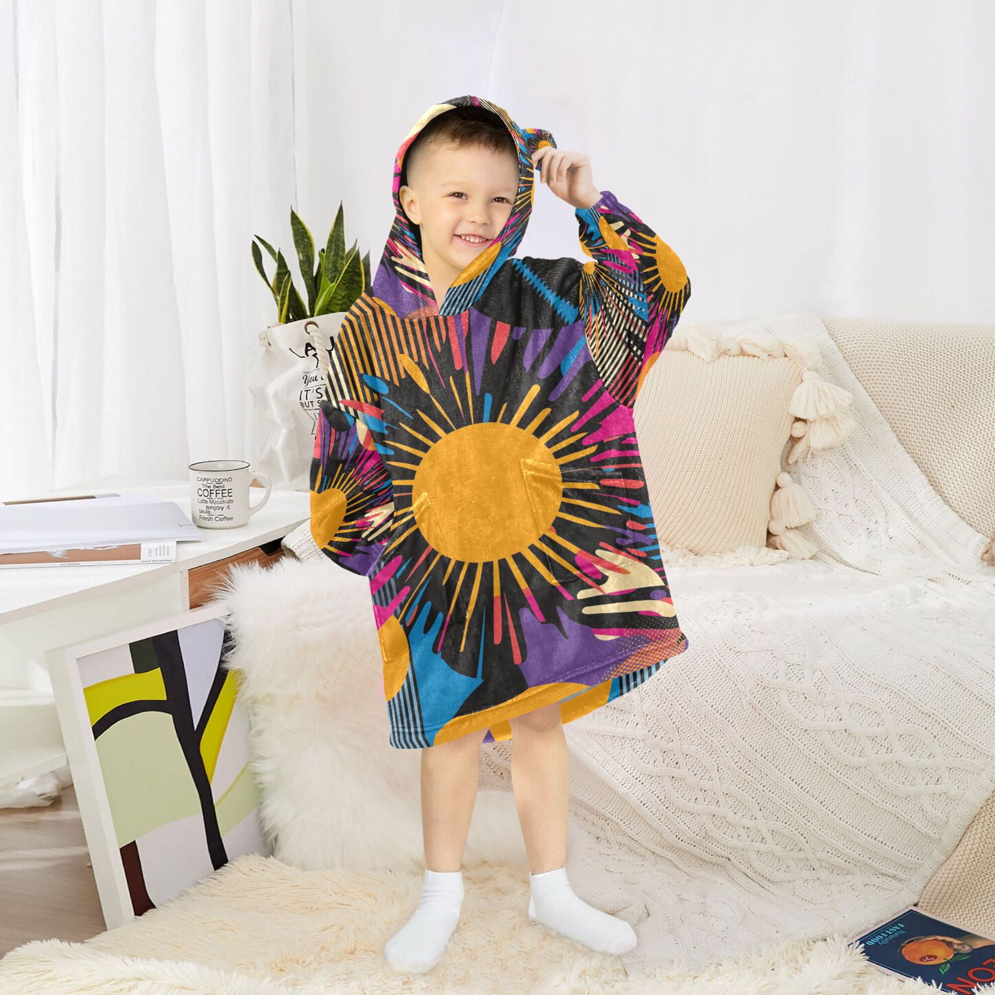 FORMRS Wearable Blanket Hoodie with Sleeves for Kids Cozy Flannel Sweatshirt, Futuristic Circles