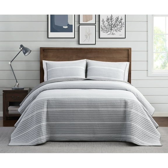 Brooklyn Loom Niari Yarn Dye Stripe Grey Cotton 3-Piece King Quilt Set, stripe themed, for Men and Women, OEKO-TEX Certified Confidence