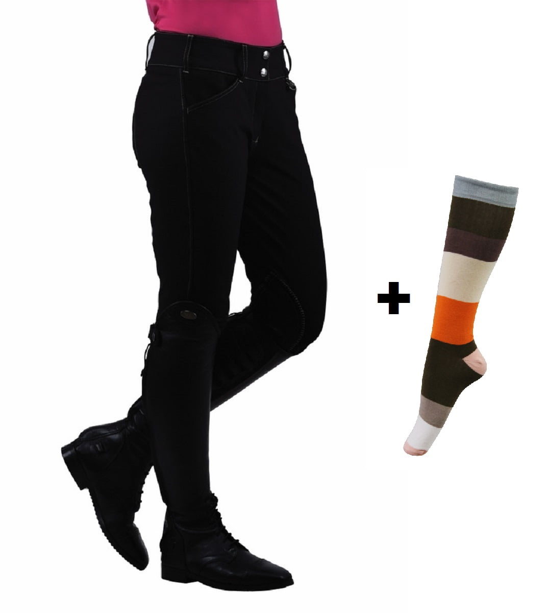 Free 2 Pair Riding Socks Equine Couture Womens Natasha Knee Patch Breeches