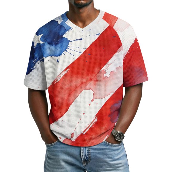Mens T-shirt Summer Short Sleeve Shirts Beach Graphic Tops Waffle Men Flag Tee Cut Off Patriotic Shirts Size S-3XL