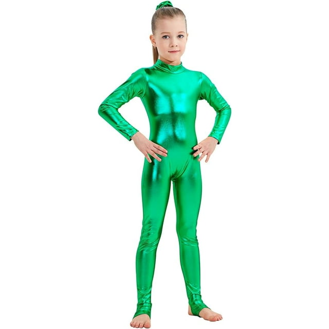 Girls Shiny Metallic Long Sleeve Unitard Spandex One Piece Wet Look Kid Bodysuit