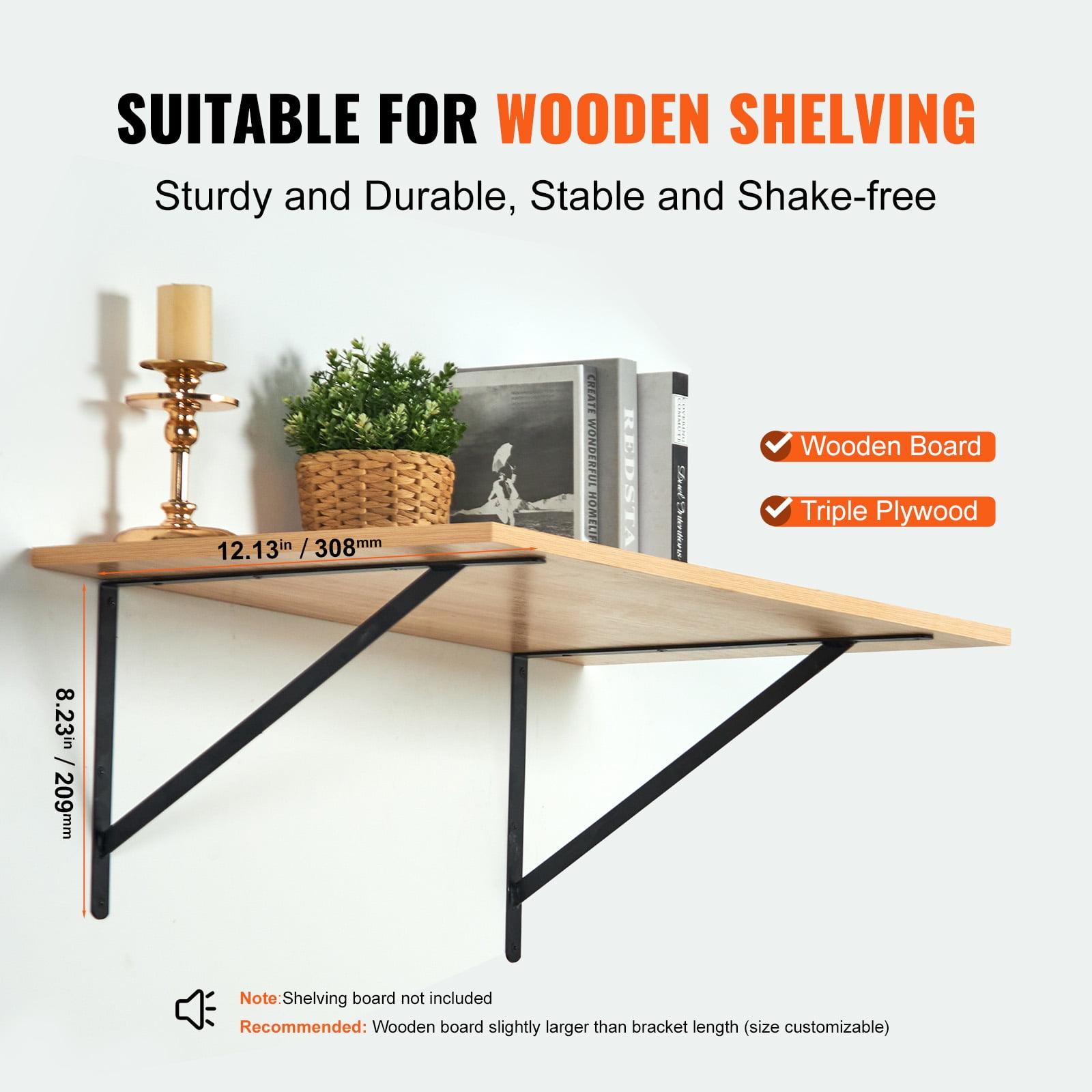 VEVOR Shelf Bracket, 12 x 8 in 10 Pcs, Heavy Duty Floating Shelf Brackets, Brackets for Shelves, 3mm Thick Matte Black Triangle Shelf Bracket,Steel Shelving Brackets with 160 lbs Load Capacity