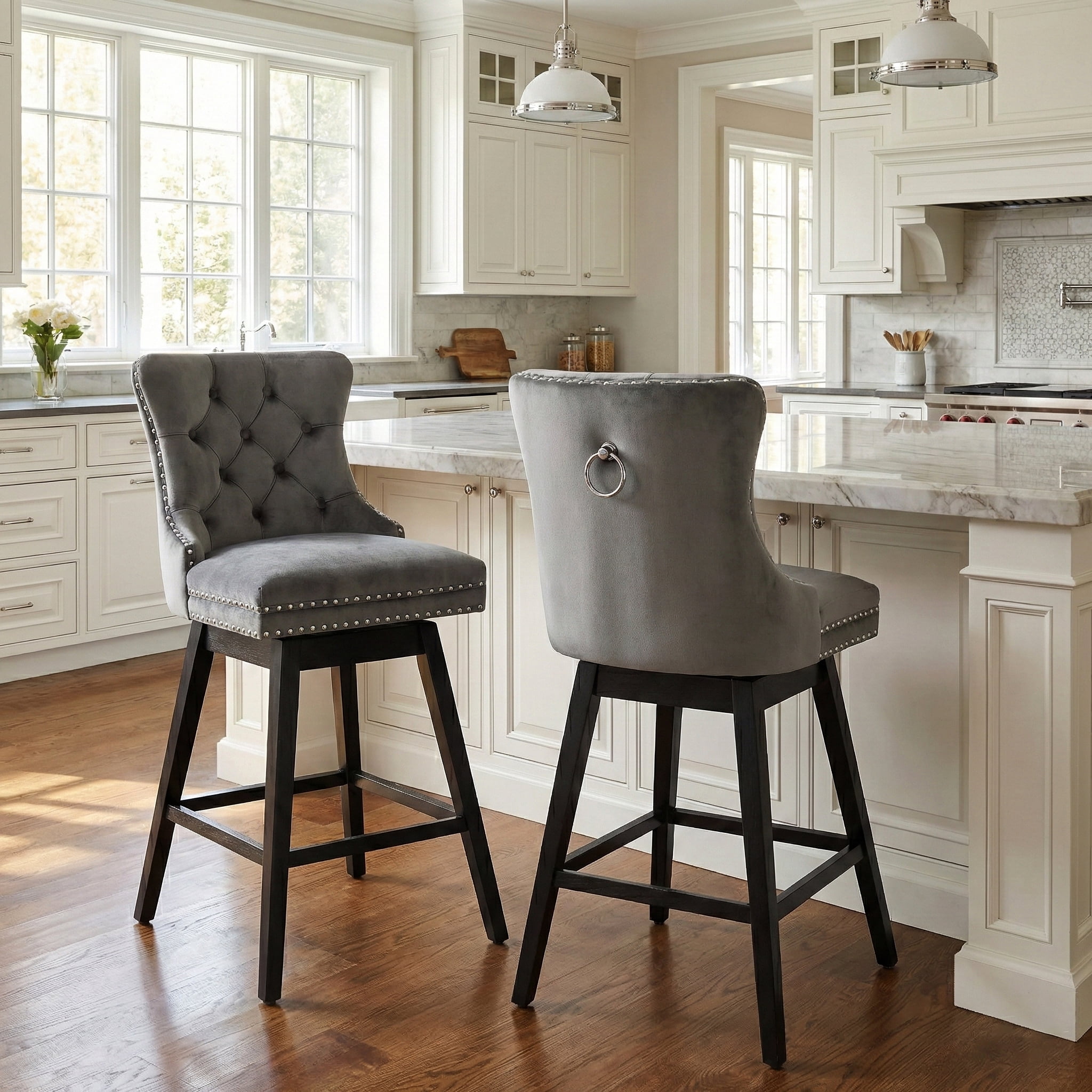 Fahomiss 30" Swivel Bar Stools, Gray Velvet Bar Height Barstools with Back for Home Pub