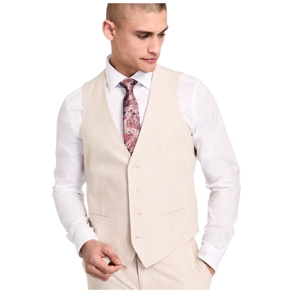 Bar Iii Mens Slim fit Button-Up Suit Vest Medium Beige Solid Linen Linen