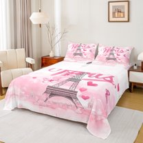 Manfei Girls Romantic Paris Bed Sheets, Eiffel Tower King Sheets, Pink Watercolor Butterfly Sheet Set, Super Cozy Room Decor, 4-Piece