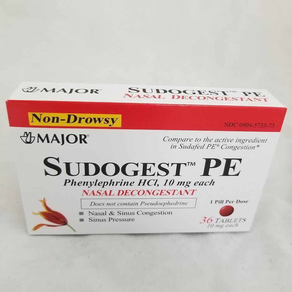 Major Sudogest PE Nasal Decongestant Tablets 10 mg. 36/Box (Pack of 2
