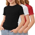 thumbnail image 3 of KyCheLot 3 Pack Ribbed Knit Tops for Girls Crew Neck Solid Color Short Sleeve T-Shirts Trendy Ruffle Trim T-Shirts, 3 of 5