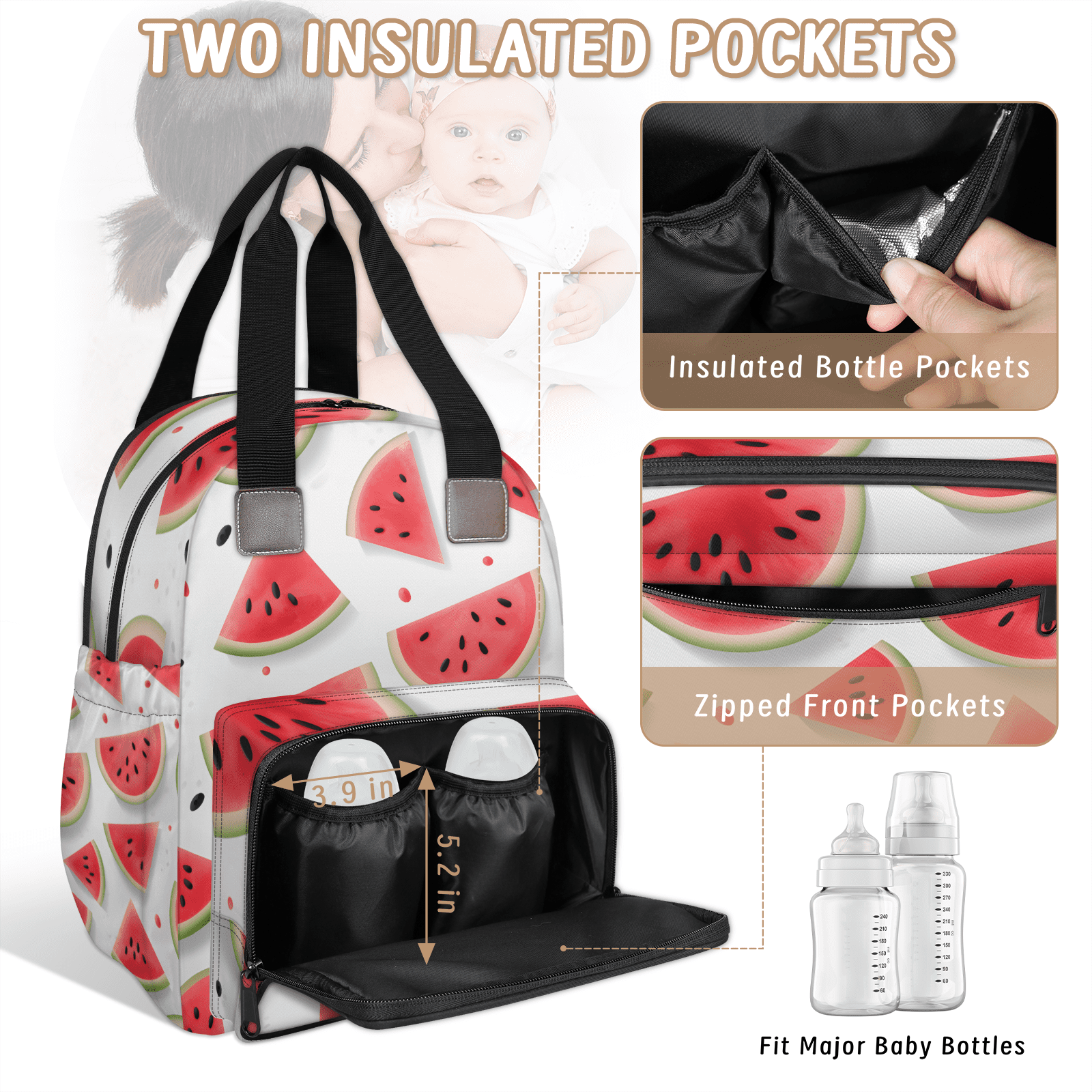 Sweet Watermelon Diaper Bag Backpack Baby Essentials Travel Tote Bag with Insulated Pockets Multi-functional Diaper Bags Organizer Bag for Women Men