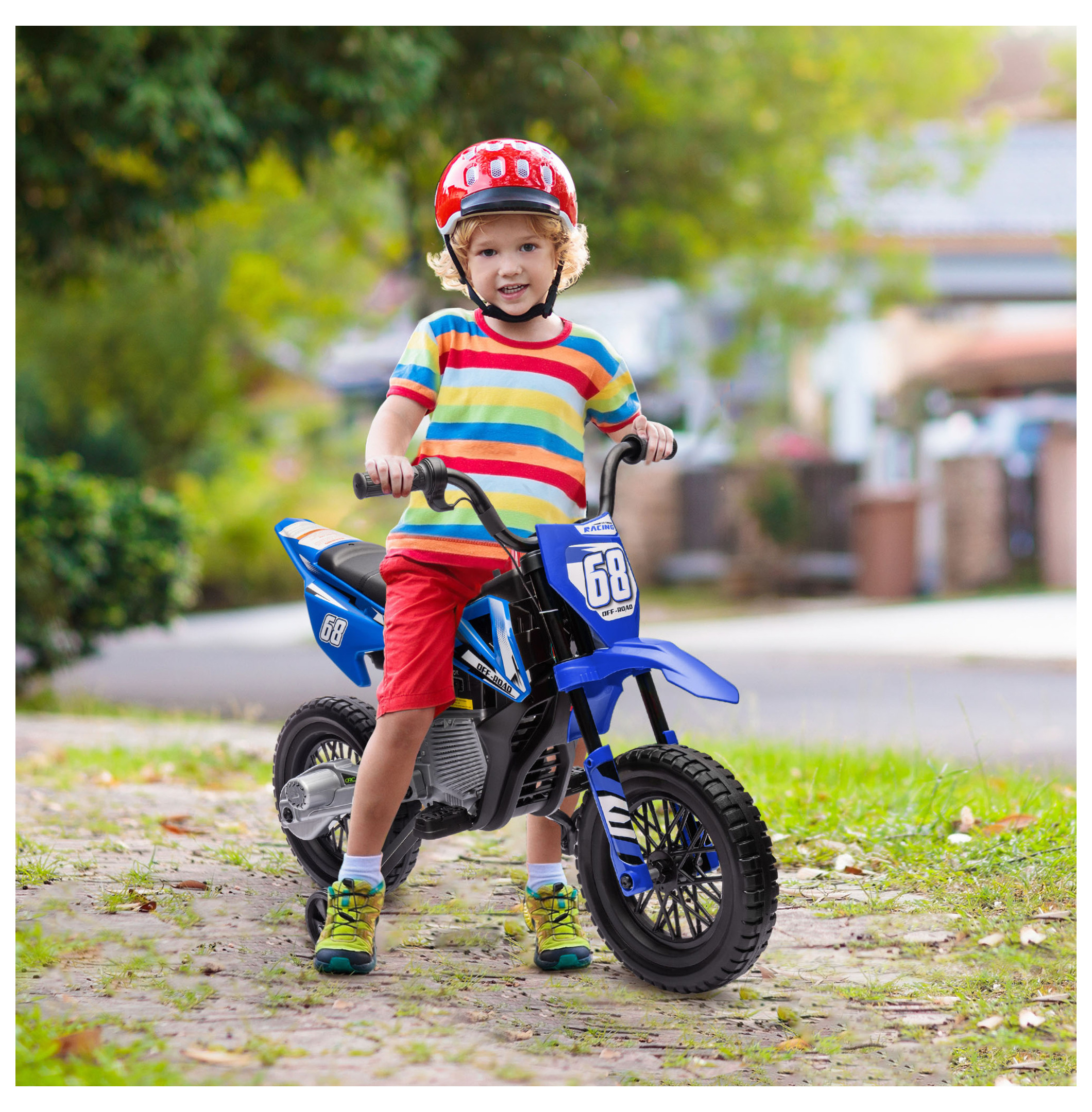 Qaba Kids Dirt Bike with Twist Grip Throttle, 12V Electric Motorcycle, Electric Bike for Toddler with Training Wheels, Rear Suspension & Music, Blue