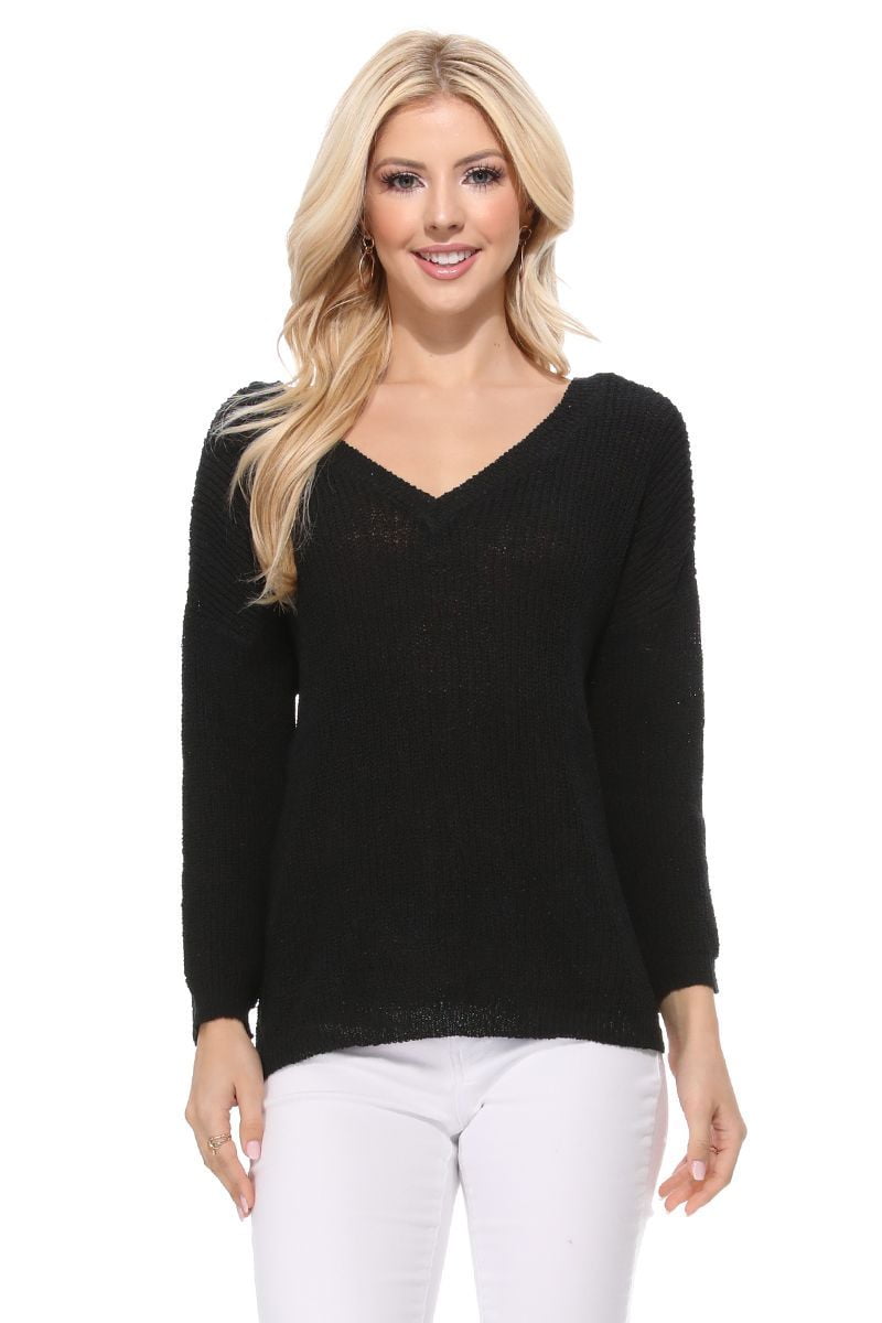 YEMAK Women's Long Sleeve V-Neck Back Cutout Casual Knit Pullover Sweater MK8144-BLK-L