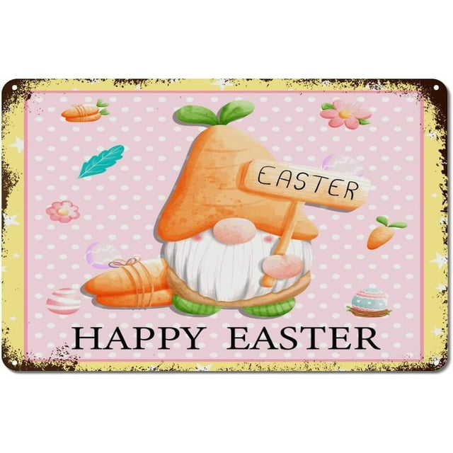 Lindo gnomo de Pascua feliz, rosa, amarillo con lunares blancos, letreros de metal vintage, decoración navideña de Pascua, letrero de hojalata, póster de metal de 8 x 12