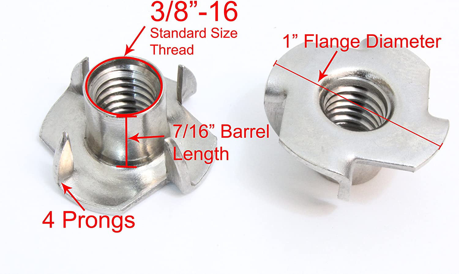 25-Pack Threaded Insert Stainless Steel Pronged T-Nuts 1/4"-20 x 7/16" 