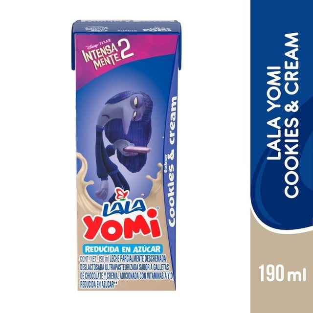 leche lala yomi sabor cookies and cream reducida en azúcar 190 ml caja tetrabrik frontal con personaje azul de 'Intensa-Mente 2', logotipo LALA Yomi, rótulo 'reducida en azúcar' y 'cookies & cream', indica leche parcialmente descremada deslactosada para porción individual.