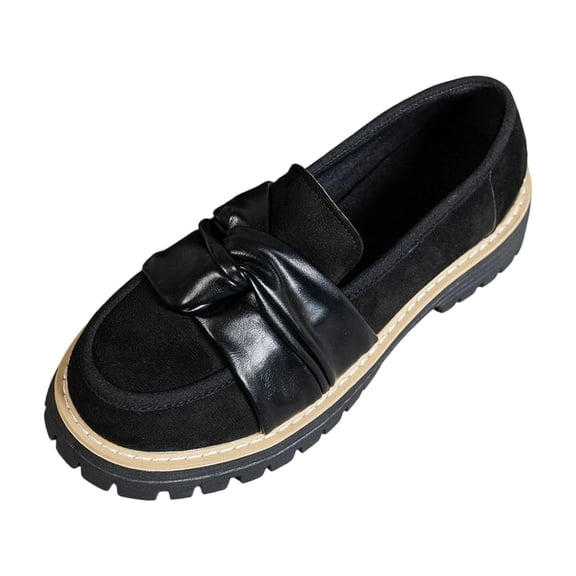 Womens Black Slip On Loafers with Chunky Platform Sole, Soft Velvet & Knot Detail, Casual Comfort Shoes for Women,Size 7.5