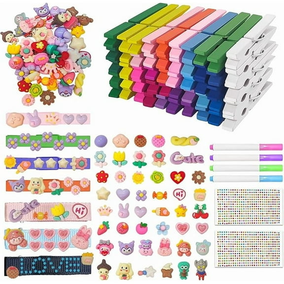 DIY Wooden Craft Clips Kit 50 Colorful Pins 10 Fabric Hair Clips 50 Resin Charms with Gem Stickers & Pens