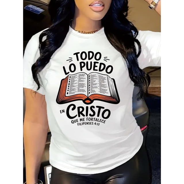 Camisetas con estampado para mujer, camisetas de manga corta de verano 2025, blusas casuales con cuello redondo para adolescentesLibros de la Biblia &TODO LO PURDO EN CRISTO Print Crew Neck T-shirt