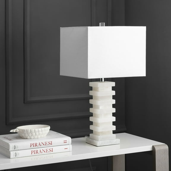 SAFAVIEH Cinder 24.5 in. H Marble Jenga Base Table Lamp, White Alabaster