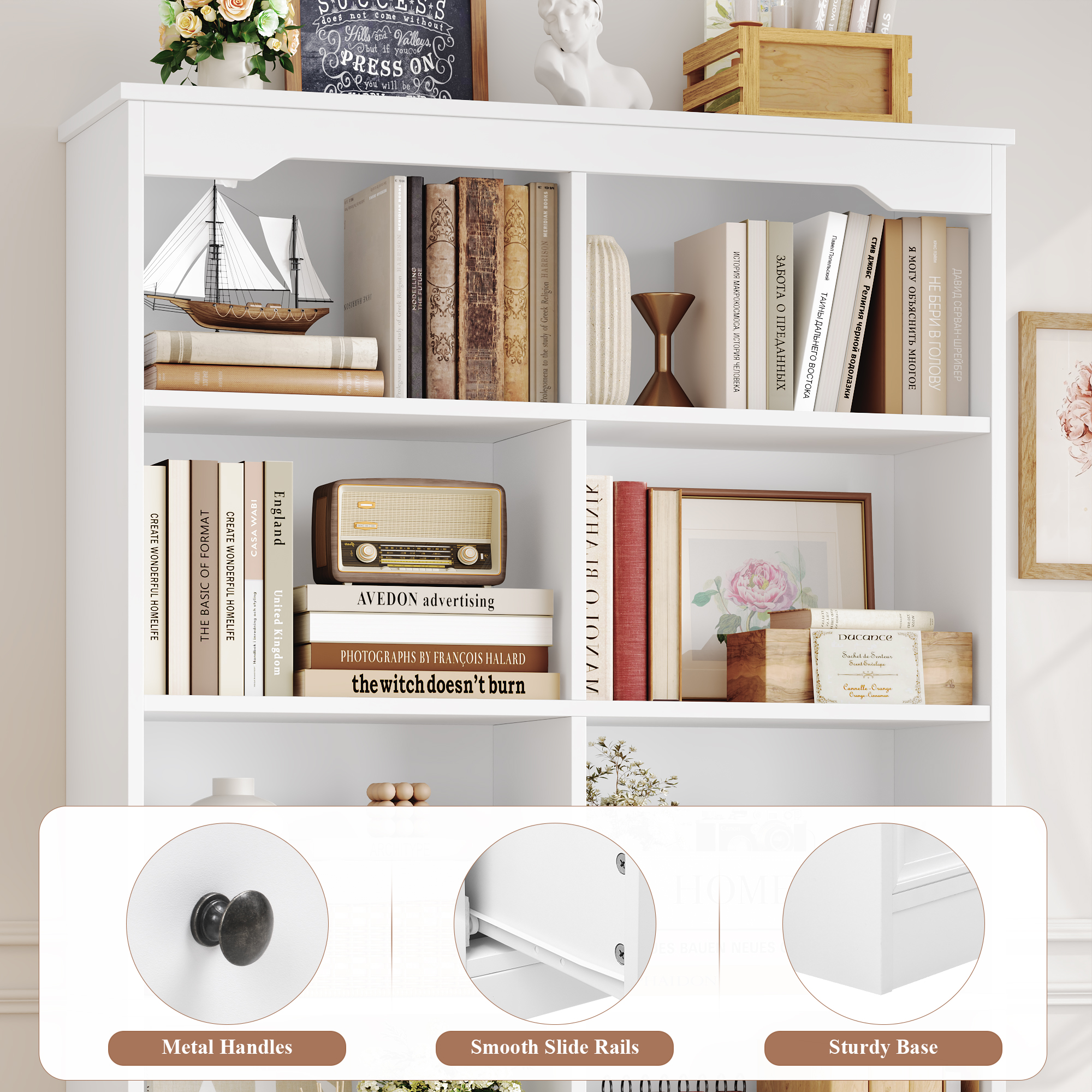 Homfa Double Row 6-Tier Bookcase with Drawers, 71 Inch, White photo 3