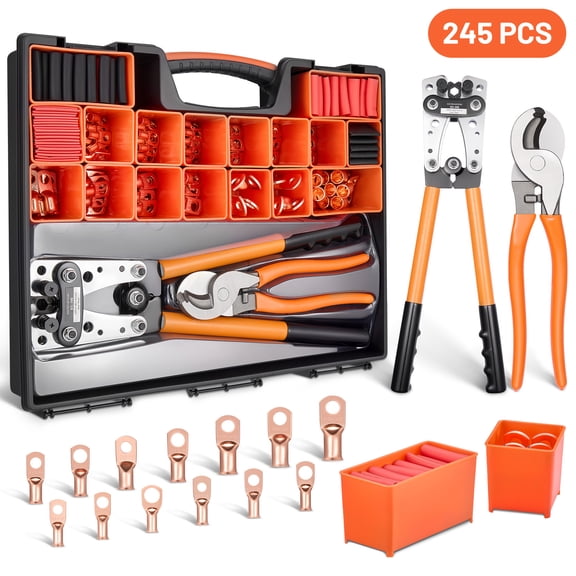 Filluck 245PCS Battery Cable Crimping Tool Kit, Copper Wire Lug AWG 1 2 4 6 8 1/0 Gauge, Wire Crimper for AWG 10-1/0 with Cable Cutter, Battery Terminal Connectors with 3:1 Heat Shrink Tubing