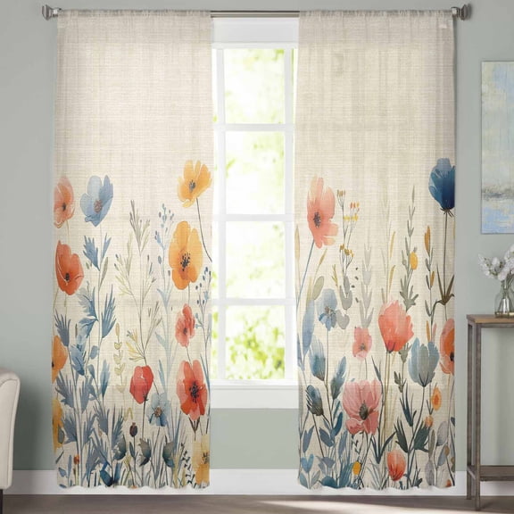Sheer Curtains 63 inches Long, Blue Red and Yellow Poppy Watercolor Floral Retro Linen Light Filtering Sheer Window Curtains Rod Pocket Voile Drapes for Bedroom Living Room, 52"W x 63"L 2 Panels