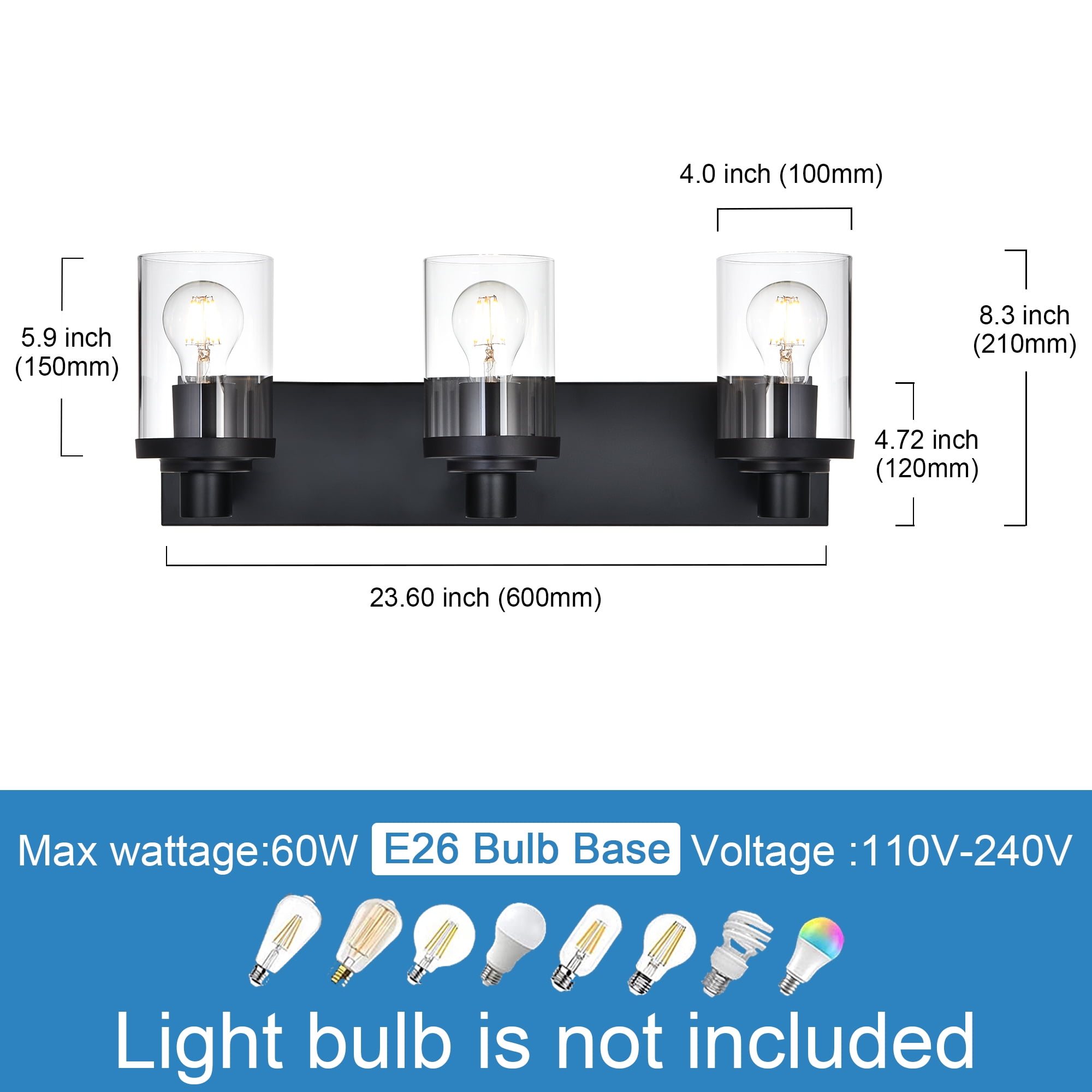 Melucee Vanity Wall Lighting, 3 Light Bathroom Vanity Light, Black Vanity Lights for Bathroom, Modern Bathroom Light with Clear Glass Shade, E26 Base, Bathroom Light Fixtures Over Mirror