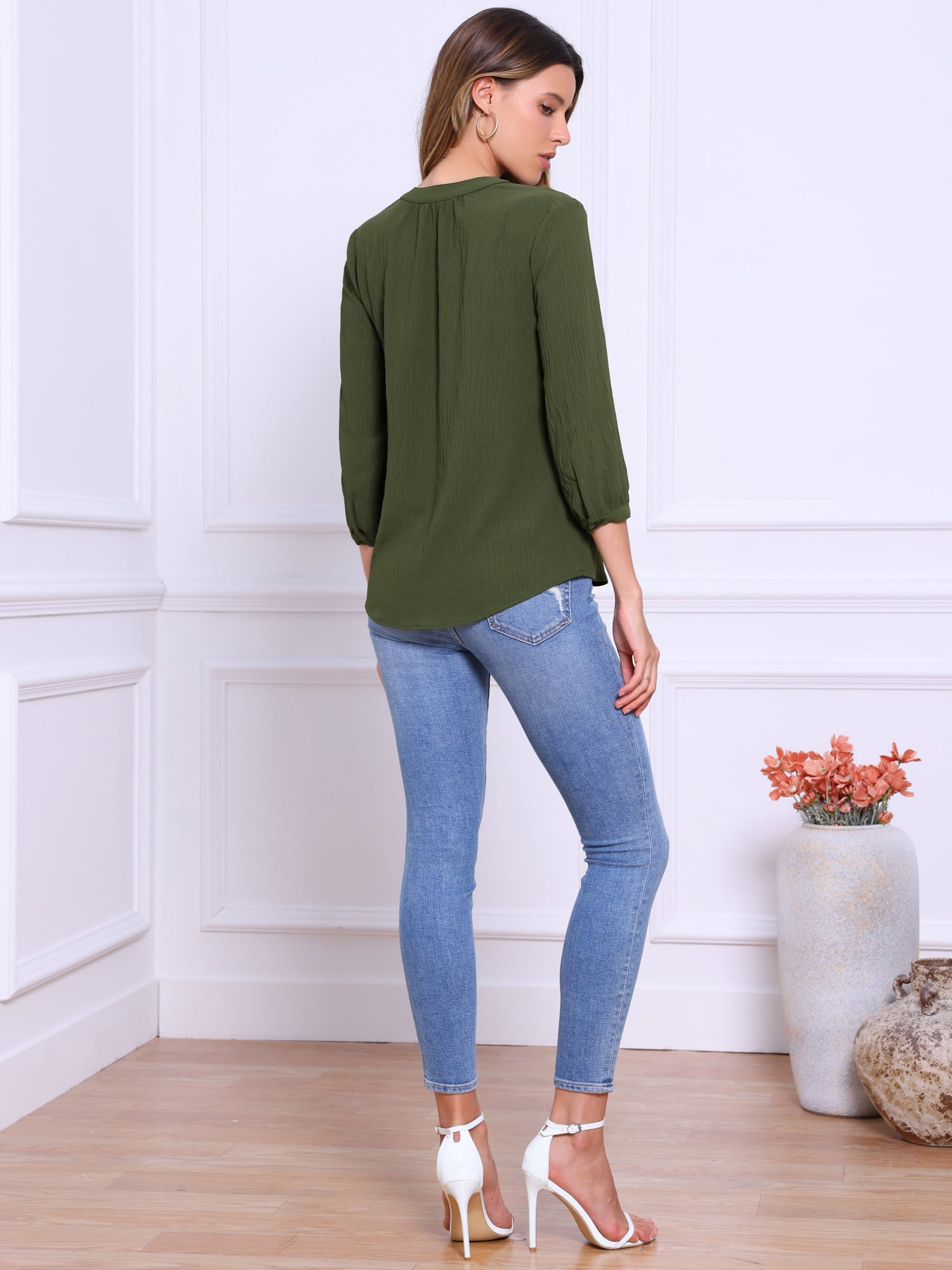 DARING DIVA Women's Stylish 3/4 Sleeve Elbow Sleeve Blouse S Army Green
