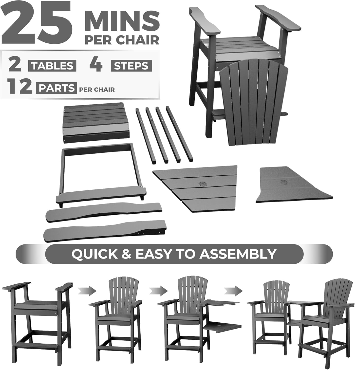 Outdoor Bar Height Adirondack Chairs with Connecting Tray,Balcony Chairs Recycled Poly Adirondack for Deck,Backyard,Outdoor Tall Adirondack Chairs Weather Resistant