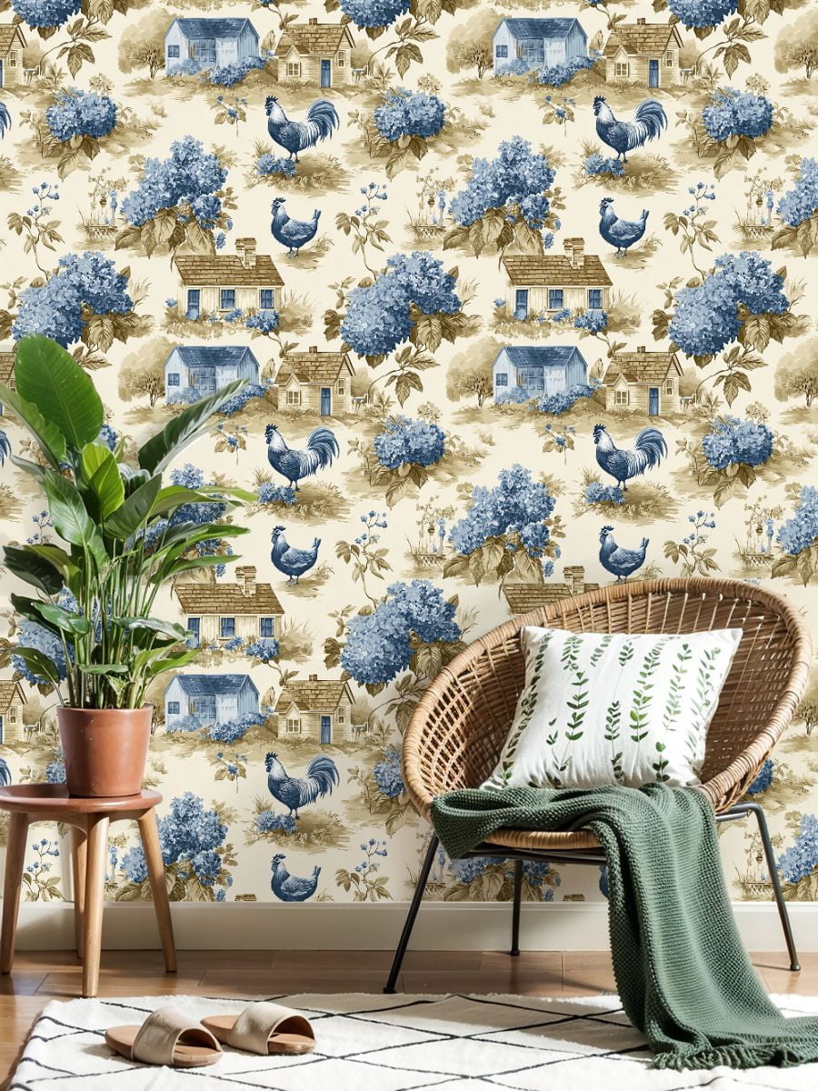 Peel and Stick Wallpaper Blue Hydrangea Farmhouse Toile Roosters Country Cottages Wall Mural 23.6in x 9.8ft Self Adhesive Removable Wall Paper Renter Friendly Wallpaper for Nursery Bedroom Cabinets