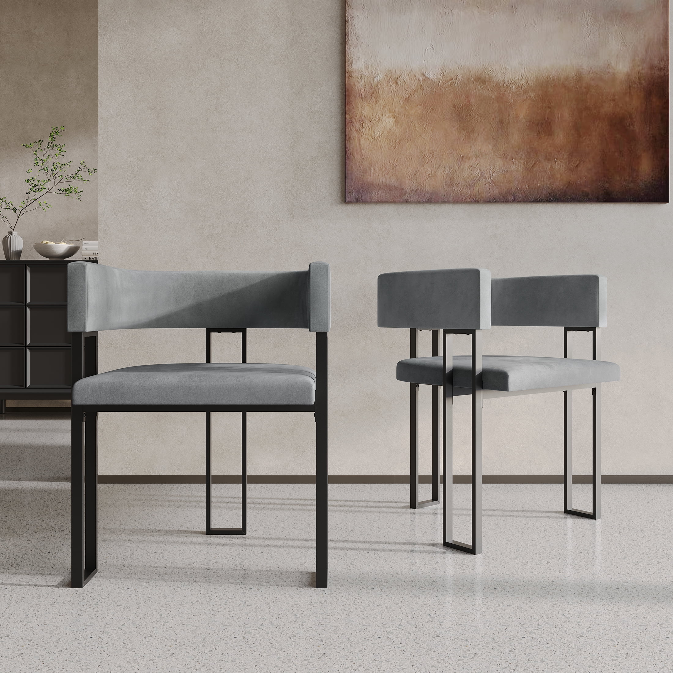 Castle Place Minimalist Black Metal Dining Chair, Light Grey Velvet