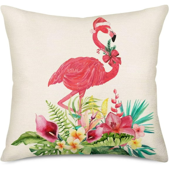 Christmas Farmhouse Pillow Cover Flamingos Wear Santa Hats Decorative Home Cushion Cover Cotton Linen 20x20 Inch Flowers Outdoor Decor for Sofa Couch Pillowcase (Winter Flamingo)