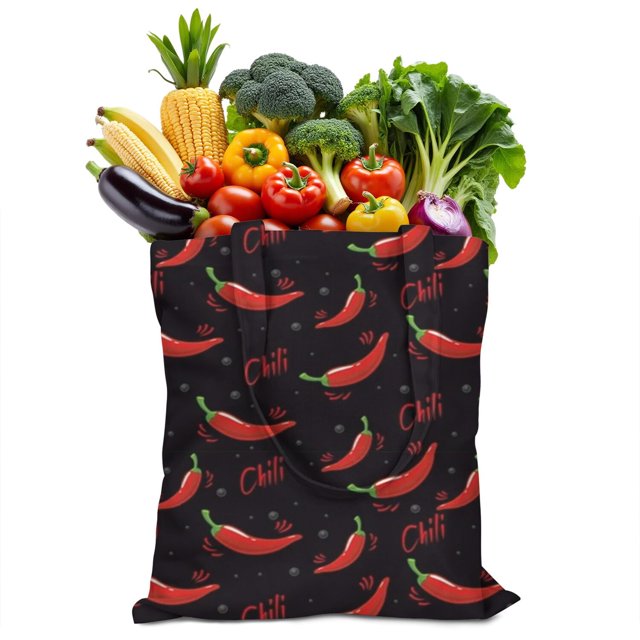 Sac Fourre-Tout en Toile Piments Mignon Motif Légumes Rouges Épicés Illustration Peinture Esthétique Kawaii Dessin Animé Réutilisable Écologique Léger Pliable