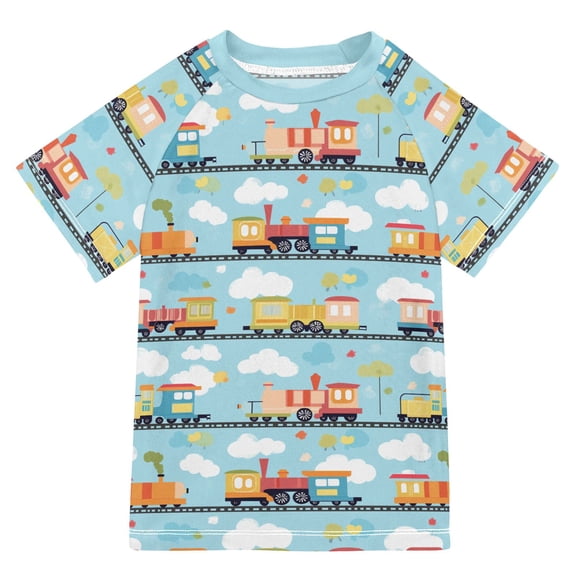 FORMRS Boys Rash Guard Short Sleeves Swim Shirt Quick Dry UPF 50 Sun Protection, Sizes 3-12T, Cartoon Train Pattern