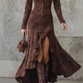 thumbnail image 4 of Women Brown Suede Western Two Piece Outfit Button Down Shirt Ruched High Slit Flowy Maxi Skirt Set, 4 of 5