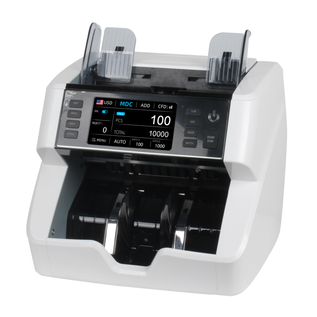 HECHKER Money Counter Machine Mixed Denomination Bill Counter in black color, featuring a front-facing view with a digital display showing counting details. Equipped with 2 CIS technology, UV/MG/MT/IR counterfeit detection, and serial number tracking. Ideal for cash handling in small businesses and banks, it supports multi-currency counting including CAD, USD, EUR, MXN, and GBP. The machine has a hopper capacity of 400-500 notes and a stacker capacity of 200 notes, with counting speeds up to 1500 notes per minute. Includes USB and RS232 connection ports.