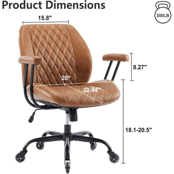 Home Office Desk Chair Office Rubber Casters Ergonomic Computer Chair with Lumbar Support Adjustable Height Rolling Swivel Executive Task Armrests Chair, Brown Leather